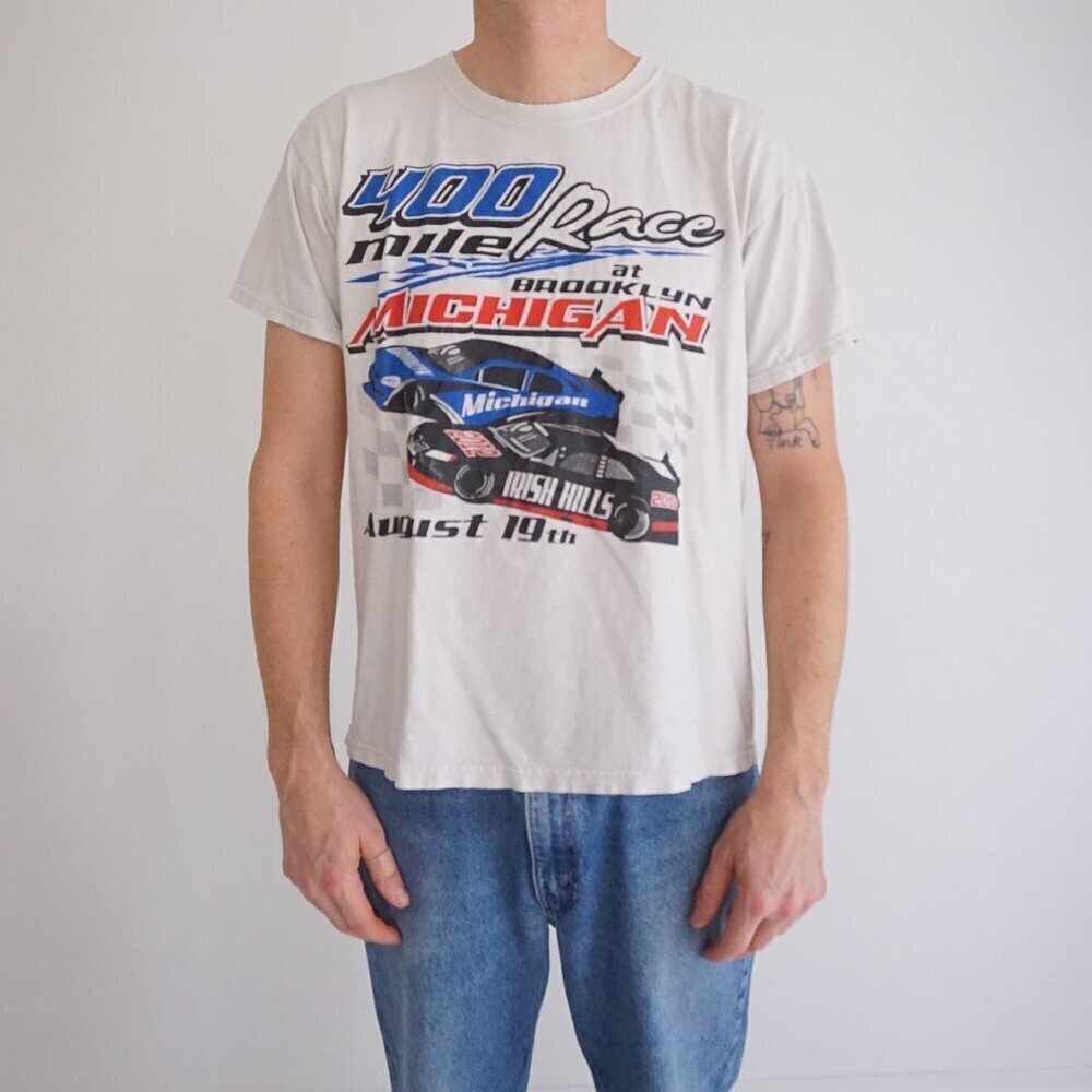 VTG Y2K Fruit Of The Loom Stock Car 400 Mile Race Irish Hills White T-Shirt L